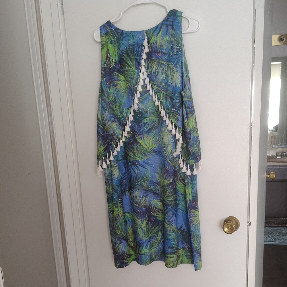 Tropical Blue and Green Sleeveless Dress with Tassels